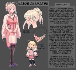 Rule 34 | 1girl, ahoge, akamatsu kaede, alternate costume, alternate hairstyle, arrow (symbol), bag, blonde hair, breasts, brown background, brown pantyhose, cheer (cheerpuppy14), cleavage, closed mouth, commentary, danganronpa (series), danganronpa v3: killing harmony, dress, english text, fortissimo, hair ornament, highres, holding, holding bag, jacket, jacket on shoulders, multiple views, musical note, musical note hair ornament, pantyhose, pink dress, pink eyes, shoes, simple background, smile