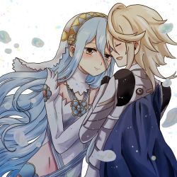 Rule 34 | 1boy, 1girl, armor, artist request, azura (fire emblem), blue hair, blush, breasts, cape, closed eyes, corrin (fire emblem), corrin (male) (fire emblem), corrin (male) (fire emblem), couple, cousins, dancer, fire emblem, fire emblem fates, hetero, holding hands, incest, long hair, lowres, nintendo, open mouth, pointy ears, smile, very long hair, water, white hair, yellow eyes