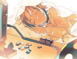 Rule 34 | 1boy, :3, aged down, animal collar, black collar, blanket, book, brown hair, child, chinese commentary, closed eyes, collar, commentary request, facing viewer, fuiyoh, highres, indoors, jar, long sleeves, lying, male focus, mysta rias, nijisanji, nijisanji en, on side, orange shirt, orange theme, pillow, shirt, short hair, sleeping, smile, solo, television, toy, toy dinosaur, toy train, under covers, upper body, virtual youtuber, white background