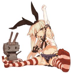 Rule 34 | 10s, 1girl, ;3, arm up, armpits, black panties, blonde hair, brown eyes, elbow gloves, feet, foreshortening, full body, gloves, hairband, highres, itsukia, kantai collection, lifebuoy, long hair, midriff, navel, one eye closed, panties, personification, rensouhou-chan, shimakaze (kancolle), simple background, sitting, skirt, solo, spread legs, stretching, striped clothes, striped thighhighs, sweat, swim ring, thighhighs, underwear, upskirt, white background, wince, wink
