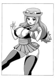 Rule 34 | 10s, 1girl, areola slip, blush, breasts, creatures (company), dress, female focus, game freak, greyscale, hat, high-waist skirt, highres, koutarosu, large breasts, long hair, looking at viewer, microskirt, monochrome, nintendo, nipple slip, nipples, open mouth, pokemon, pokemon xy, serena (pokemon), skirt, solo, thighhighs, underwear, white background