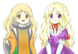 Rule 34 | 2girls, :d, blonde hair, closed mouth, detached sleeves, dress, elbow gloves, gloves, long hair, long sleeves, matara okina, multiple girls, neck ribbon, no headwear, nonamejd, official style, open mouth, orange eyes, orange sleeves, orange tabard, puffy short sleeves, puffy sleeves, purple dress, purple eyes, red ribbon, ribbon, short sleeves, simple background, smile, tabard, touhou, wavy hair, white background, white gloves, wide sleeves, yakumo yukari, zun (style)