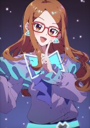 Rule 34 | 1girl, :d, absurdres, akai meganee, belt, blue belt, blue bow, bow, brown eyes, brown hair, commentary request, earrings, glasses, glowing clothes, hand up, highres, himitsu no aipri, index finger raised, jewelry, long hair, long sleeves, looking at viewer, open mouth, pretty series, puffy long sleeves, puffy sleeves, purple shirt, red-framed eyewear, shirt, smile, solo, triangle earrings, tsujii luki, upper body