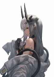 Rule 34 | 1girl, absurdres, arknights, bandages, bare shoulders, black gloves, breasts, earrings, gloves, grey hair, hair ornament, highres, horns, jewelry, long hair, looking at viewer, looking to the side, medium breasts, mudrock (arknights), mudrock (elite ii) (arknights), open clothes, parted lips, pointy ears, profile, sarashi, sideways glance, simple background, solo, upper body, white background, yasu (segawahiroyasu)