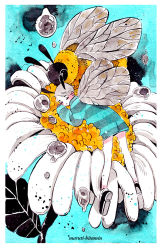 Rule 34 | 1girl, aqua background, arthropod girl, artist name, bee, bee girl, black footwear, bug, closed eyes, flower, grey hair, insect, insect girl, insect wings, leaf, long sleeves, maruti bitamin, mini person, minigirl, no nose, original, plant, shoes, short hair, sleeping, sleeves past wrists, striped, white flower, wings