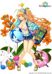 Rule 34 | 1girl, ahoge, animal, animal on head, anklet, bag, ball, bare legs, beachball, beads, beamed quavers, bird, blue skirt, blush, breasts, bucket, casual one-piece swimsuit, city forest online, cleavage, collarbone, copyright name, epidendrum (flower knight girl), flower, flower knight girl, food, full body, grimace, hair beads, hair between eyes, hair ornament, hamster, hood, hooded jacket, innertube, jacket, jewelry, knees together feet apart, large breasts, leaning forward, long hair, long sleeves, looking at viewer, miniskirt, musical note, name connection, no socks, object namesake, official art, on head, one-piece swimsuit, open clothes, open jacket, open mouth, orange hair, plant, pleated skirt, quaver, rabbit, raccoon, red eyes, sandals, scrunchie, seashell, shell, shoulder bag, shrimp, shrimp tempura, side ponytail, skirt, sleeves past wrists, squirrel, standing, striped clothes, striped jacket, swim ring, swimsuit, swimsuit under clothes, tempura, thigh gap, toes, very long hair, watermark, wavy hair, white background