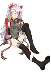 Rule 34 | 1girl, absurdres, antenna hair, arm behind back, azur lane, black gloves, black panties, black thighhighs, breasts, cameltoe, cross, dress, feet, finger to mouth, foreshortening, full body, garter straps, gloves, grey dress, headgear, highres, iron cross, knee up, long hair, long sleeves, looking at viewer, medium breasts, mole, mole on breast, multicolored hair, no shoes, panties, pantyshot, parted lips, prinz eugen (azur lane), red hair, short dress, sideboob, silver hair, simple background, sitting, soles, solo, streaked hair, swept bangs, thighhighs, thighs, tsurime, two side up, underbust, underwear, upskirt, very long hair, white background, yellow eyes, zenge hd