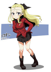 Rule 34 | 1girl, artist name, assam (girls und panzer), black eyes, blonde hair, blush, boots, cro, full body, girls und panzer, hair pulled back, hair ribbon, highres, leaning forward, long hair, looking at viewer, ribbon, solo, st. gloriana&#039;s military uniform