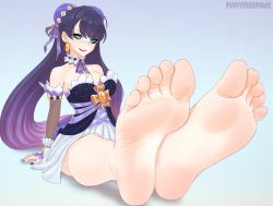 Rule 34 | 1girl, barefoot, bellona (epic seven), blue eyes, blush, bun cover, earrings, epic seven, fangs, feet, jewelry, long hair, parted lips, puffypinkpaws, purple hair, soles, toes