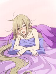 Rule 34 | 1girl, blanket, blush, brown hair, covering privates, fang, green eyes, hair between eyes, long hair, magilou (tales), nude, nude cover, open mouth, pillow, pink background, pointy ears, solo, tales of (series), tales of berseria, very long hair