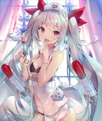 Rule 34 | 1girl, :p, alternate costume, azur lane, bandaged arm, bandages, bare shoulders, bat wings, belt, black bra, black panties, blurry, blurry background, blush, bra, breasts, cannon, chair, collarbone, cowboy shot, curtains, deecha, fang, garter belt, garter straps, gluteal fold, hair between eyes, hair ornament, hair ribbon, hand up, hat, highres, holding, holding syringe, indoors, light particles, long hair, looking at viewer, mechanical wings, medium breasts, needle, nurse, nurse cap, open mouth, panties, red eyes, red ribbon, ribbon, see-through, sidelocks, signature, silver hair, skindentation, smile, solo, syringe, thighhighs, thighs, tongue, tongue out, torpedo, turret, twintails, underwear, vampire (azur lane), vampire (little devil in white) (azur lane), very long hair, white thighhighs, wings, wristband