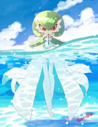 Rule 34 | 1girl, afloat, artist name, blue sky, blue theme, bob cut, caustics, closed mouth, cloud, colored skin, creatures (company), cup, day, drink, drinking, drinking glass, drinking straw, female focus, full body, game freak, ganga (ganga lub), gardevoir, gen 3 pokemon, green hair, green skin, hair between eyes, hands up, highres, holding, holding drink, holding drinking glass, innertube, legs, looking at viewer, multicolored skin, nintendo, ocean, outdoors, partially submerged, partially underwater shot, pokemon, pokemon (creature), red eyes, short hair, signature, sky, solo, straight-on, swim ring, swimming, thigh gap, two-tone skin, underwater, water, white skin