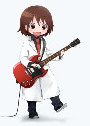 Rule 34 | 1girl, alternate costume, bad id, bad twitter id, blush, brown eyes, brown hair, guitar, highres, holding, holding instrument, id card, instrument, kill me baby, lab coat, looking away, looking down, necktie, okayparium, open mouth, oribe yasuna, plectrum, red necktie, short hair, smile, solo
