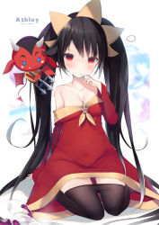 Rule 34 | 1girl, aged up, ashley (warioware), black hair, black pantyhose, blue eyes, blush, breasts, character name, cisyo, cleavage, clothes pull, collarbone, colored skin, commentary request, copyright name, demon boy, demon horns, demon tail, demon wings, dress, finger to mouth, flask, horns, long hair, long sleeves, looking at viewer, medium breasts, nintendo, off shoulder, pantyhose, pantyhose pull, polearm, red (warioware), red dress, red eyes, red skin, red wings, round-bottom flask, sitting, sleeves past wrists, tail, trident, twintails, very long hair, warioware, wariza, weapon, wide sleeves, wings