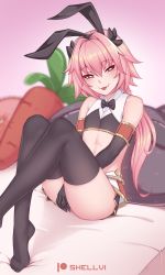 Rule 34 | 1boy, :p, absurdres, animal ears, artist name, astolfo (fate), astolfo (saber) (fate), bad id, bad pixiv id, bare shoulders, between legs, black bow, black bowtie, black gloves, black hairband, black thighhighs, bow, bowtie, carrot-shaped pillow, commentary, covering crotch, covering privates, elbow gloves, english commentary, fake animal ears, fang, fang out, fate/grand order, fate (series), foot out of frame, gloves, hair between eyes, hairband, half-closed eyes, hand between legs, head tilt, highres, long hair, looking at viewer, low ponytail, male focus, microskirt, on bed, pillow, pink eyes, pink hair, ponytail, rabbit ears, shellvi, skirt, smile, solo, thighhighs, tongue, tongue out
