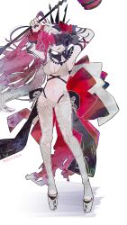 1girl arms_up baobhan_sith_(fate) baobhan_sith_(swimsuit_pretender)_(fate) baobhan_sith_(swimsuit_pretender)_(third_ascension)_(fate) bikini breasts bridal_gauntlets cleavage fate/grand_order fate_(series) full_body grey_eyes hammer highres holding holding_hammer long_hair looking_at_viewer mouyunaw navel parted_lips pink_hair platform_footwear platform_heels pointy_ears side_ponytail sidelocks smile solo swimsuit veil white_background white_bikini