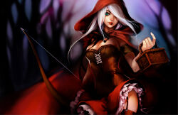 Rule 34 | 1girl, alternate costume, ashe (league of legends), bare tree, basket, bow (weapon), breasts, cleavage, come hither, commentary, corset, english commentary, frills, garter straps, green eyes, hair over one eye, holding, holding bow (weapon), holding weapon, hood, hood up, ippus, large breasts, league of legends, little red riding hood, long hair, parted lips, photoshop (medium), revision, solo, thighhighs, tree, weapon, white hair