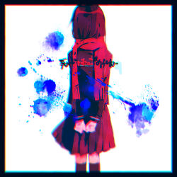 Rule 34 | 1girl, arms behind back, black border, black serafuku, black socks, blurry, border, brown hair, chromatic aberration, clenched hands, commentary, enpera, facing back, feet out of frame, from behind, kagerou project, long sleeves, mekakucity actors, muuta04, paint splatter, pleated skirt, red scarf, scarf, school uniform, serafuku, simple background, skirt, socks, solo, tateyama ayano, translated, white background