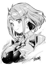 Rule 34 | 1girl, blush, breasts, closed mouth, commentary request, earrings, greyscale, headpiece, highres, jewelry, large breasts, monochrome, pyra (xenoblade), short hair, signature, simple background, sketch, smile, solo, takuji yuusaku, upper body, white background, xenoblade chronicles (series), xenoblade chronicles 2
