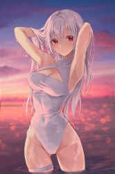 Rule 34 | 1girl, armpits, arms up, breasts, casual one-piece swimsuit, cleavage, cleavage cutout, closed mouth, clothing cutout, covered collarbone, covered navel, cowboy shot, evening, gluteal fold, gradient sky, grey hair, hands in hair, heeri, highres, long hair, looking at viewer, medium breasts, ocean, one-piece swimsuit, original, outdoors, red eyes, sky, solo, sunlight, sunset, swimsuit, wading, water, white one-piece swimsuit