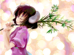 Rule 34 | 1girl, bad id, bad pixiv id, bamboo, branch, brown hair, female focus, inaba tewi, one eye closed, over shoulder, short hair, smile, solo, touhou, upper body, wink, yae (mono110)