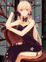Rule 34 | 1girl, arm up, artist name, black dress, black gloves, blonde hair, breasts, chair, china dress, chinese clothes, dated, dress, earrings, feet out of frame, girls&#039; frontline, gloves, hair ribbon, highres, jewelry, long hair, looking at viewer, medium breasts, official alternate costume, open mouth, ots-14 (girls&#039; frontline), ots-14 (sangria succulent) (girls&#039; frontline), parted lips, ribbon, simple background, sitting, solo, thighs, very long hair, yellow eyes, zhuge zhuge qian