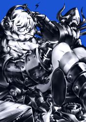 Rule 34 | 10s, 1girl, absurdres, abyssal ship, black bra, blue background, bra, bra strap, braid, food, gauntlets, glasses, hair scarf, hand on headphones, headphones, highres, kantai collection, lightning bolt symbol, long hair, looking at viewer, machinery, monochrome, mouth hold, off shoulder, one eye covered, pocky, power fist, screw, semi-rimless eyewear, simple background, solo, supply depot princess, under-rim eyewear, underwear, very long hair, yamano (yamanoh)