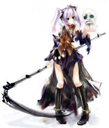 Rule 34 | 1girl, ascot, black footwear, boots, character request, copyright request, detached sleeves, dress, hair ornament, holding, holding scythe, holding skull, lavender skirt, medium hair, purple hair, red ascot, red eyes, scythe, skull, solo, twintails, yudesoba