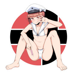 Rule 34 | 1girl, bikini, brown eyes, clothes writing, flat chest, food, hat, highres, holding, holding food, kantai collection, navel, nekokyun, popsicle, red hair, sailor bikini, sailor collar, sailor hat, short hair, sitting, solo, swimsuit, white bikini, white hat, z3 max schultz (kancolle)