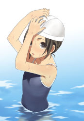 Rule 34 | 1girl, arms up, flat chest, hands on own head, mattaku mousuke, one-piece swimsuit, original, solo, swim cap, swimsuit, upper body, wading, water, wet