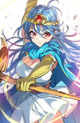 Rule 34 | 1girl, absurdres, arm up, blue cape, blue hair, blush, breasts, cane, cape, circlet, closed mouth, dragon quest, dragon quest iii, dress, elbow gloves, gloves, highres, holding, holding cane, large breasts, long hair, red eyes, rock, sage (dq3), senri gan, smile, solo, upper body, white background, white dress