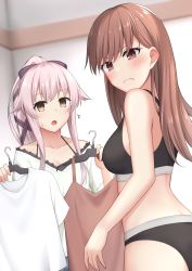 Rule 34 | 2girls, akahi242, black bra, black panties, bra, breasts, brown eyes, brown hair, clothes, clothes hanger, hair flaps, holding, holding clothes, kantai collection, long hair, multiple girls, ooi (kancolle), panties, pink hair, ponytail, small breasts, underwear, underwear only, very long hair, yura (kancolle)