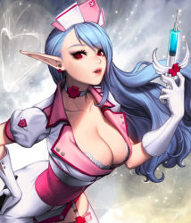 Rule 34 | 1girl, alternate costume, bent over, blue hair, breasts, card (medium), chaos online, choker, cleavage, female focus, garter straps, gloves, hat, large breasts, lips, long hair, looking at viewer, love cacao, nurse, nurse cap, official art, parted lips, pointy ears, red eyes, reiden, solo, syringe, thighhighs, white thighhighs