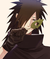 Rule 34 | 1boy, absurdres, black eyes, black gloves, brown hair, closed mouth, gloves, hair over one eye, half-closed eye, highres, holding, holding leaf, leaf, light smile, long hair, male focus, naruto (series), portrait, simple background, solo, sosaka, spiked hair, uchiha madara, white background
