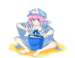 Rule 34 | 1girl, :t, breasts, bucket, commentary, eating, food, food on face, hat, japanese clothes, kieeyo, long sleeves, pink eyes, pink hair, pudding, saigyouji yuyuko, sitting, smile, solo, spoon, touhou, triangular headpiece, wide sleeves