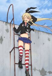Rule 34 | 1girl, annin musou, black jacket, black neckerchief, blonde hair, blue sailor collar, blue skirt, crop top, floating hair, highres, jacket, kantai collection, ladder, long hair, miniskirt, navel, neckerchief, one eye closed, open clothes, open jacket, open mouth, pleated skirt, sailor collar, school uniform, serafuku, shimakaze (kancolle), shoes, skirt, smile, sneakers, solo, striped clothes, striped thighhighs, thighhighs, wind, yellow eyes