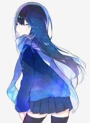 Rule 34 | 1girl, black thighhighs, blue eyes, blue hair, blue scarf, blue skirt, blue sweater, commentary request, earth (planet), expressionless, from behind, grey background, long hair, long sleeves, looking at viewer, looking back, miniskirt, nuudoru, original, planet, pleated skirt, saturn (planet), scarf, simple background, skirt, solo, space, star (sky), sweater, thighhighs