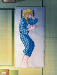 Rule 34 | 1boy, barefoot, blonde hair, blue kimono, closed mouth, commentary request, creatures (company), from above, frown, futako (gemini ds), futon, game freak, grey eyes, hair over shoulder, hair tie, highres, indoors, japanese clothes, kimono, light, long hair, lying, male focus, nintendo, on side, pillow, pokemon, pokemon legends: arceus, sash, solo, tatami, volo (pokemon)