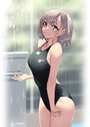 Rule 34 | 1girl, blue eyes, blush, breasts, competition swimsuit, grey hair, hair in own mouth, jonsun, looking at viewer, medium breasts, medium hair, one-piece swimsuit, original, short hair, smile, solo, standing, swimsuit, wet