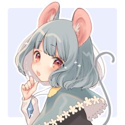 Rule 34 | 1girl, animal ears, black vest, blue background, blush, border, capelet, commentary request, grey capelet, grey hair, hand up, head tilt, jewelry, long sleeves, looking at viewer, mokokiyo (asaddr), mouse ears, mouse tail, nazrin, open mouth, outline, outside border, pendant, red eyes, shirt, short hair, simple background, solo, tail, touhou, upper body, vest, white border, white outline, white shirt