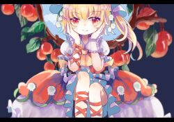 Rule 34 | 1girl, ascot, bat wings, blonde hair, crystal, flandre scarlet, food, fruit, hat, hat ribbon, hiyuu (hiyualice), mob cap, one side up, puffy short sleeves, puffy sleeves, red eyes, red skirt, red vest, ribbon, short sleeves, side ponytail, sitting, skirt, skirt set, solo, star (symbol), touhou, vest, white hat, wings, yellow ascot