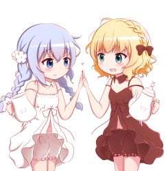 Rule 34 | 2girls, :d, bare arms, bare shoulders, blonde hair, bloomers, blue eyes, blue hair, blush, bow, braid, breasts, brown bloomers, brown bow, brown collar, brown dress, closed mouth, collar, commentary request, detached collar, dress, eye contact, gochuumon wa usagi desu ka?, goth risuto, hair bow, heart, high five, holding, kafuu chino, kirima syaro, long hair, looking at another, low twintails, matching outfits, md5 mismatch, multiple girls, open mouth, resolution mismatch, simple background, sleeveless, sleeveless dress, small breasts, smile, source larger, teapot, twin braids, twintails, underwear, very long hair, white background, white bloomers, white collar, white dress