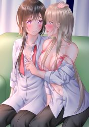 Rule 34 | 2girls, black pants, blonde hair, blush, bra, breasts, brown hair, buttons, cleavage, collarbone, commentary request, dress shirt, fingernails, hand on another&#039;s head, highres, large breasts, light smile, lino (lilyparty07), long hair, looking at another, matching outfits, multiple girls, nail polish, navel, necktie, open mouth, original, pants, pink bra, pink nails, pink neckwear, purple eyes, shirt, shirt tug, short hair with long locks, sitting, small breasts, strap slip, underwear, undressing, yuri