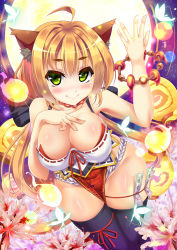 Rule 34 | 1girl, animal ears, blonde hair, blush, bracelet, breasts, bug, butterfly, female focus, flower, fox ears, full moon, green eyes, hand on own chest, hitodama, insect, japanese clothes, jewelry, large breasts, long hair, looking at viewer, magatama, moon, original, purple thighhighs, sasaki yukimasa, short eyebrows, smile, solo, thighhighs