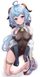 Rule 34 | ahoge, bare shoulders, bell, black gloves, black leotard, blue hair, blush, bow, bowtie, breasts, chinese knot, curled horns, elbow gloves, flower knot, ganyu (genshin impact), genshin impact, gloves, highres, horns, leotard, long hair, looking at viewer, medium breasts, neck bell, no legwear, no shoes, purple eyes, sand (redsunny924), seiza, sidelocks, sitting, sleeveless, smile, solo, tassel