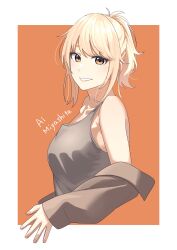 Rule 34 | 1girl, absurdres, blonde hair, border, brown jacket, camisole, character name, collarbone, commentary request, cropped torso, grey camisole, highres, jacket, looking at viewer, love live!, love live! nijigasaki high school idol club, medium hair, miyashita ai, off shoulder, orange background, orange eyes, outside border, own hands together, palms together, ponytail, s sho mkrn, sidelocks, smile, solo, upper body, white border