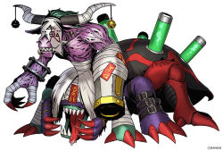 Rule 34 | 1boy, arm cannon, arthropod limbs, bandai, claws, copyright name, demon, digimon, digimon (creature), full body, gyukimon, multiple mouths, muscular, official art, pectorals, sharp teeth, simple background, solo, teeth, weapon, white background