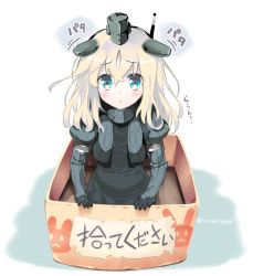 Rule 34 | 10s, 1girl, :&lt;, blonde hair, blue eyes, box, cropped jacket, for adoption, garrison cap, hat, in box, in container, inuzumi masaki, kantai collection, kneeling, kriegsmarine, long hair, long sleeves, looking at viewer, military, military uniform, puffy sleeves, solo, twitter username, u-511 (kancolle), uniform