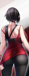 Rule 34 | 1girl, ada wong, ass, back, bare shoulders, black hair, black pantyhose, bob cut, bracelet, breasts, choker, clothes pull, cowboy shot, dress, dress pull, from behind, highres, jewelry, pantyhose, red dress, resident evil, resident evil 2, resident evil 2 (remake), shimeno puni, shorts, sleeping, solo, standing