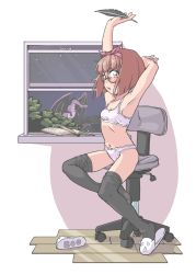 Rule 34 | 1girl, arm above head, arm behind head, black thighhighs, blush, bookmark, bow, bow panties, bra, breasts, brown hair, cardcaptor sakura, chair, charizard, creatures (company), dragon, game freak, gen 1 pokemon, glasses, hair bow, highres, horns, jarv, looking at viewer, loose thighhigh, navel, nintendo, office chair, open mouth, panties, pink bow, pokemon, quill, short hair, single slipper, slippers, small breasts, solo, stretching, swivel chair, thighhighs, thighs, tree, underwear, white panties, window, wooden floor, yanagisawa naoko